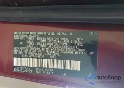 2005 Toyota Tundra Double Cab Sr5 from USA, damaged, VIN 5TBDT44195S488347